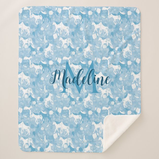 Horses in the Field_Soft Blue Monogramed Blanket (Front)