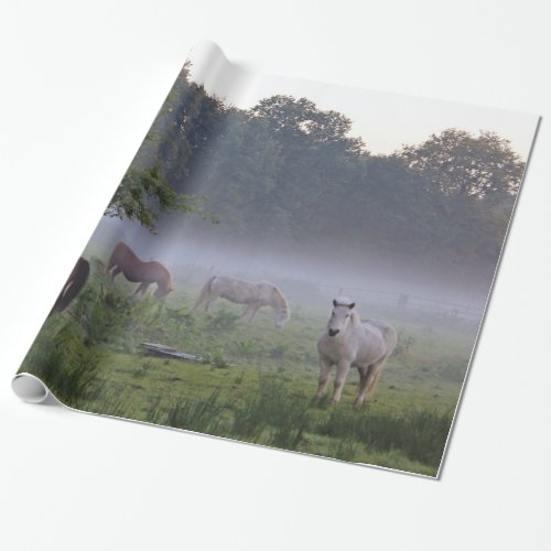 Horses in the mist countryside wrapping paper