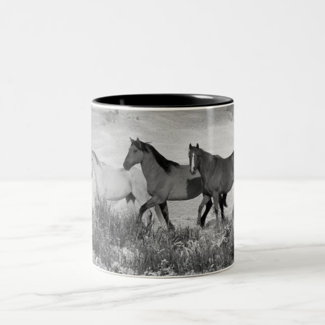 Horses In The Snow - Black and White Two-Tone Coffee Mug (Center)
