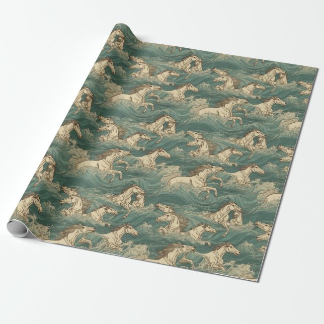 Horses in the surf, sea, waves, ocean wrapping paper (Unrolled)