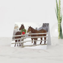 Horses looking over fence in snow holiday card