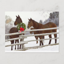Horses looking over fence in snow holiday postcard
