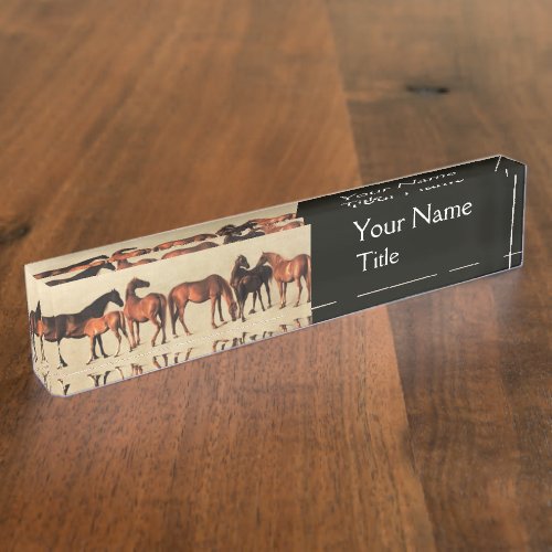 HORSES MARES AND FOALS Black Desk Name Plate