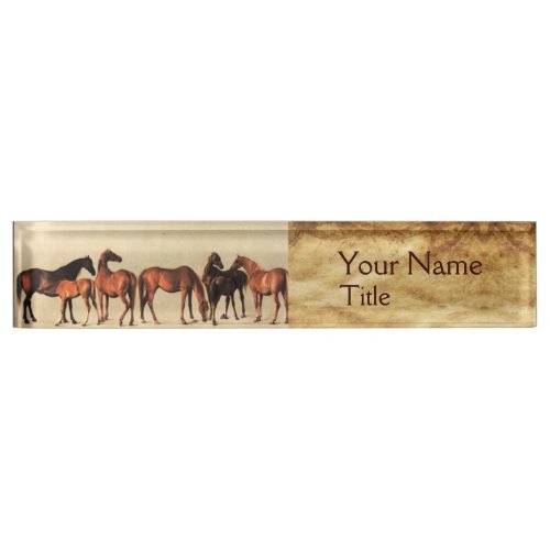 HORSES MARES AND FOALS Brown Parchment Desk Name Plate