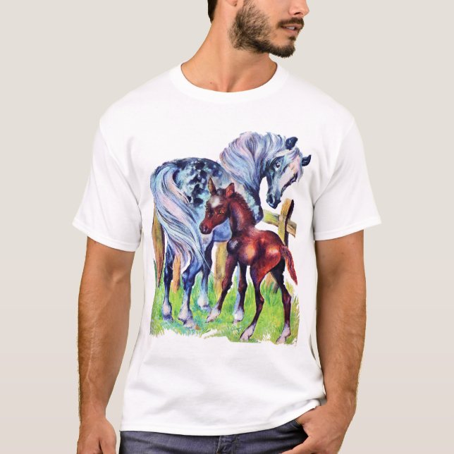 Horses Mother Baby Grass Field T-Shirt (Front)
