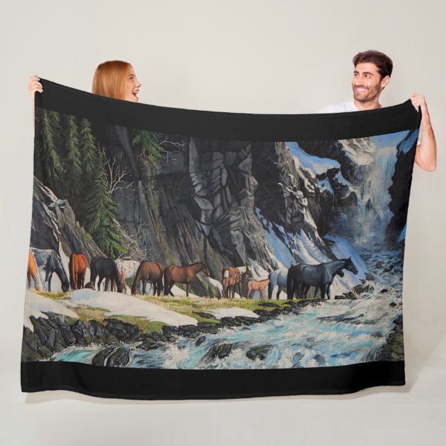 Horses, mountain river, spring foals, cartooned fleece blanket (In Situ)