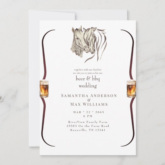 Horses Nuzzling Beer & BBQ Wedding Invitation (Front)