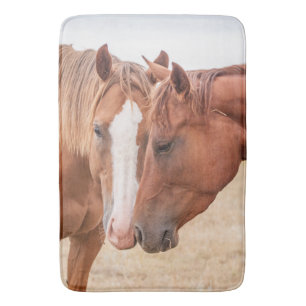 Horses nuzzling in a pasture bath mat