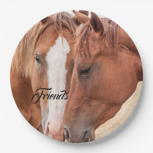 Horses nuzzling in a pasture paper plates