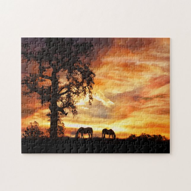 Horses Oak Tree and Fiery Sunset Jigsaw Puzzle (Horizontal)