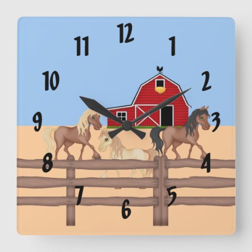 Horses on a Farm Square Wall Clock