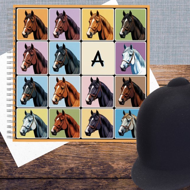 Horses Pattern Equestrian Colorful Monogrammed Notebook (A colorful spiral-bound notebook, with custom monogram initial and horse illustrations on the front)
