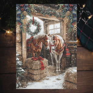 Horses Plaid Country Christmas Winter Barn Scene Holiday Card