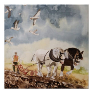 Horses Plowing Watercolour Poster