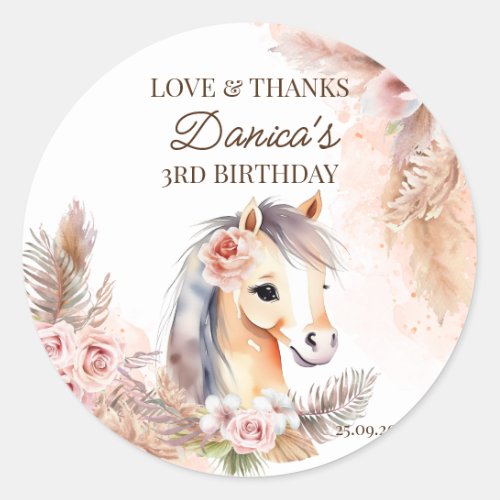 Horses pony themed birthday party favors thank you classic round sticker