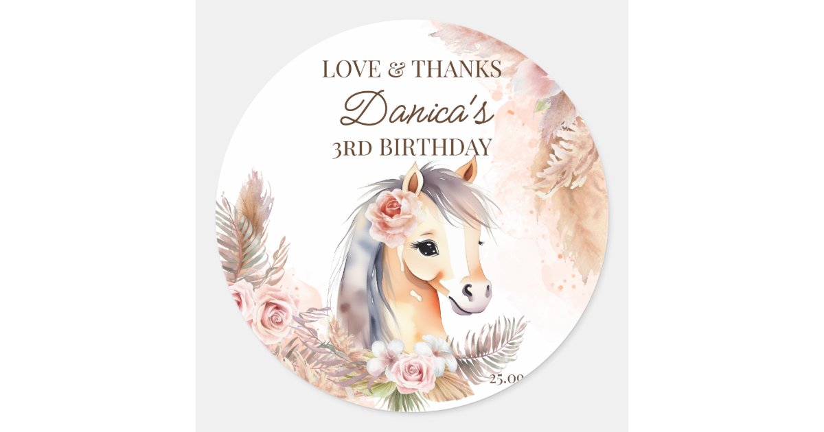 Horses pony themed birthday party favors thank you classic round ...