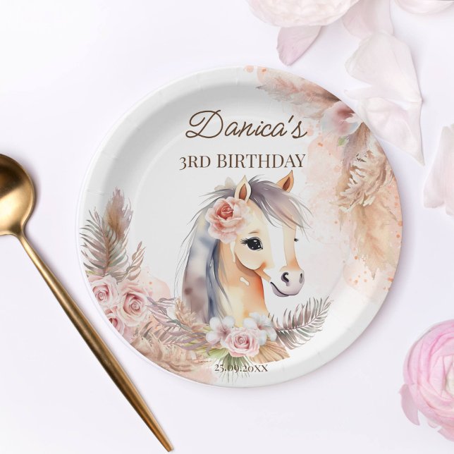 Horses pony themed birthday party tableware paper plates (Horse themed birthday party supplies personalized paper plates cute baby horse pastel roses pampas)