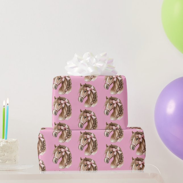 Horses Pretty Chic Pink Bows Birthday Wrapping Paper (Party Gifts)