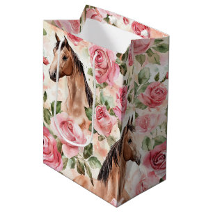 Horses Pretty Pink Roses Floral Birthday Medium Gift Bag