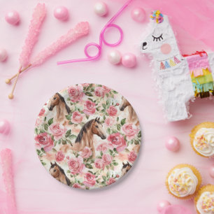Horses Pretty Pink Roses Floral Birthday Paper Plates
