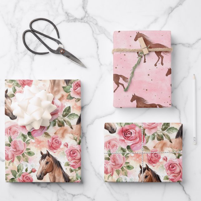 Horses Pretty Pink Roses Floral Birthday Wrapping Paper Sheets (Front)