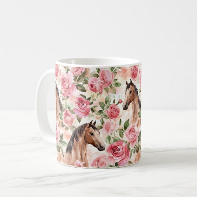 Horses Pretty Pink Roses Floral   Coffee Mug (Front Left)