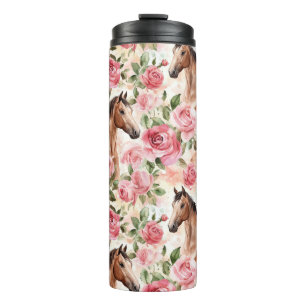 Horses Pretty Pink Roses Floral Thermal Tumbler