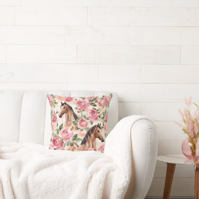 Horses Pretty Pink Roses Floral   Throw Pillow (Couch)
