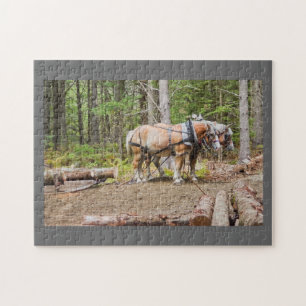 Horses Pulling Logs In Woods of Maine Jigsaw Puzzle
