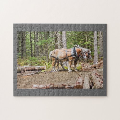 Horses Pulling Logs In Woods of Maine Jigsaw Puzzle