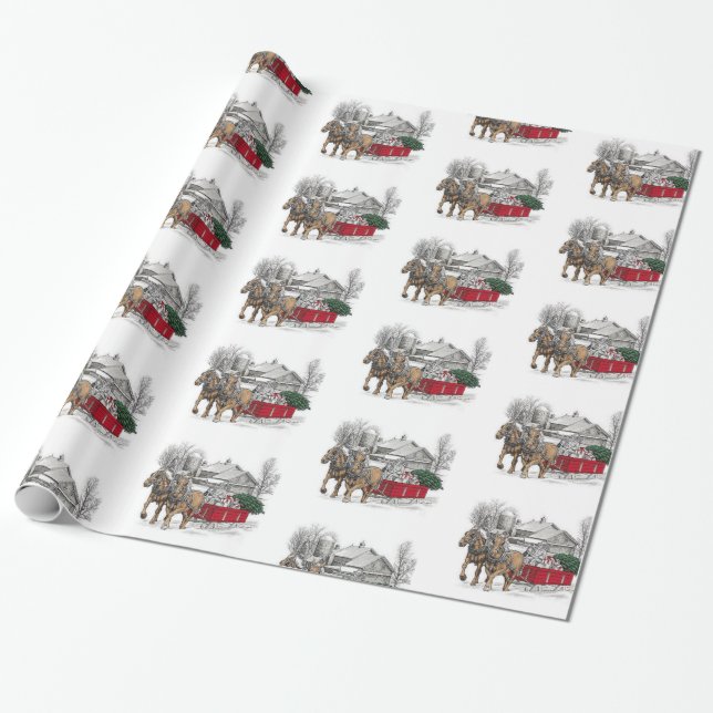 Horses Pulling Wagon Christmas Wrapping Paper (Unrolled)