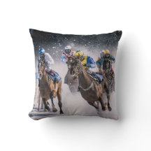 Horses Racing in the Snow Throw Pillow