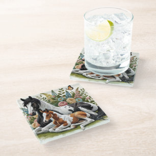 Horses Resting Among Vibrant Flowers and Greenery Glass Coaster