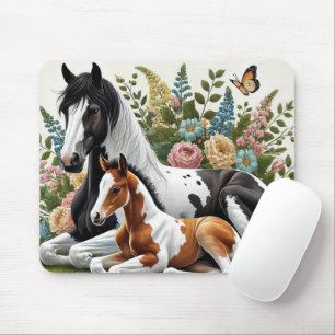 Horses Resting Among Vibrant Flowers and Greenery Mouse Pad