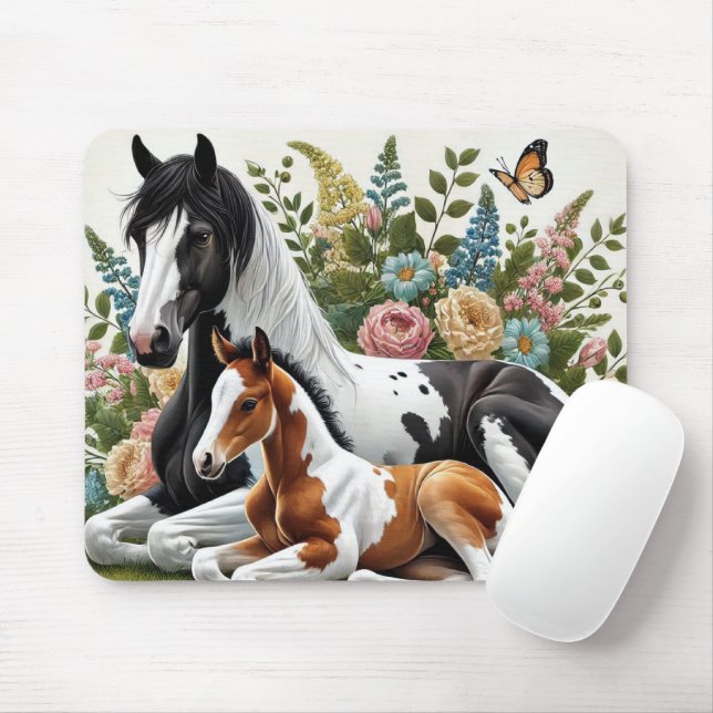 Horses Resting Among Vibrant Flowers and Greenery  Mouse Pad (With Mouse)
