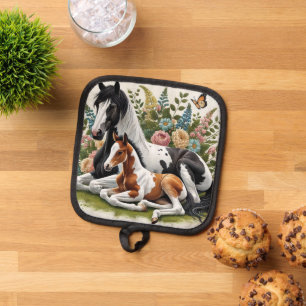 Horses Resting Among Vibrant Flowers and Greenery Pot Holder