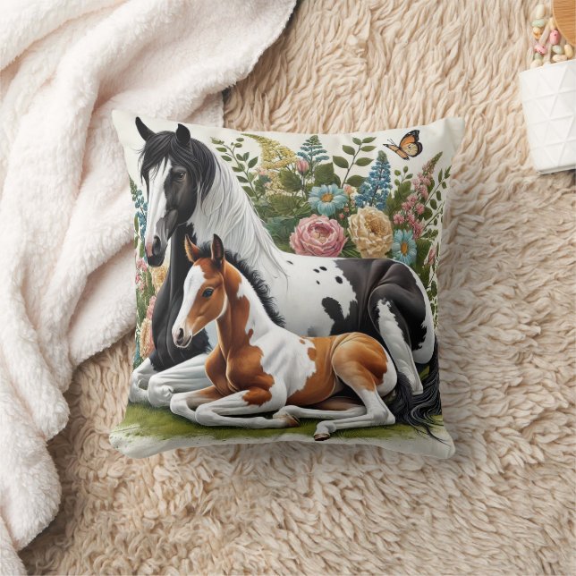 Horses Resting Among Vibrant Flowers and Greenery  Throw Pillow (Blanket)