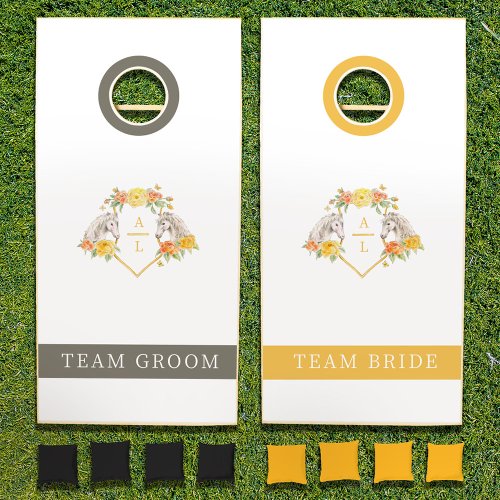 Horses roses monogram wedding bride groom teams cornhole set