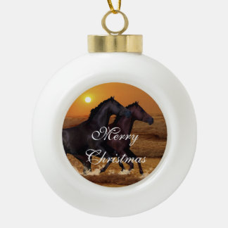Horses running at ocean sunset ceramic ball christmas ornament