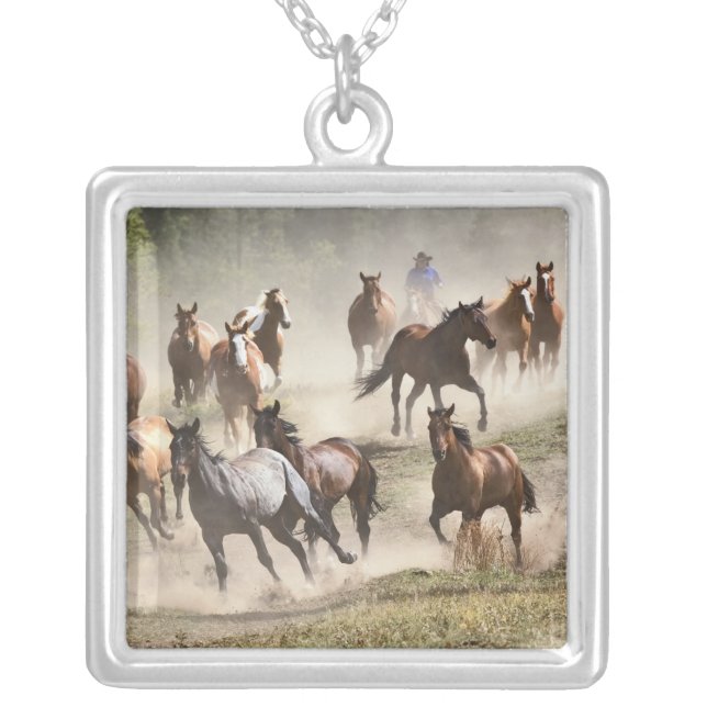 Horses running during roundup, Montana Silver Plated Necklace (Front)
