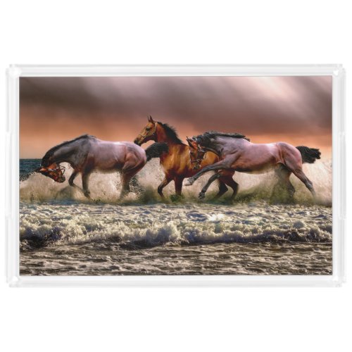 Horses Running in Ocean Surf at Sunset Acrylic Tray