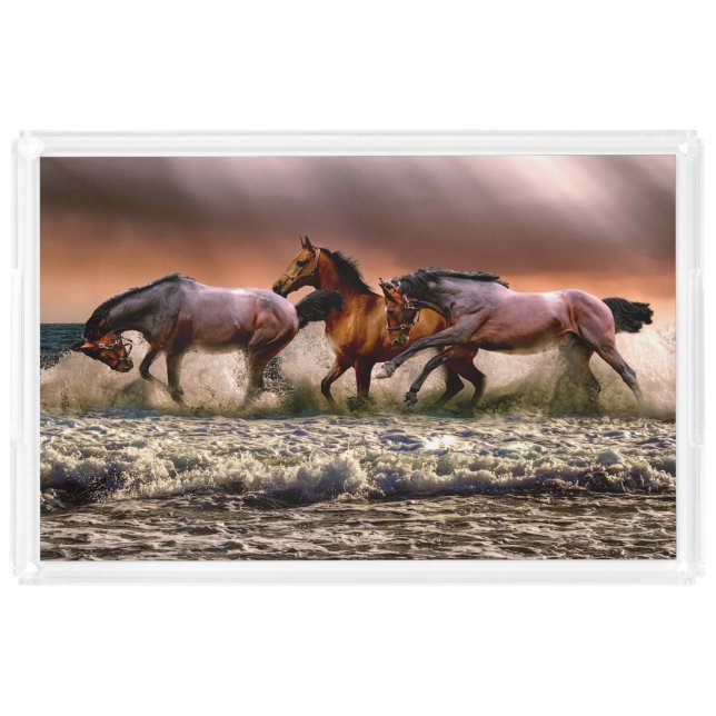 Horses Running in Ocean Surf at Sunset Acrylic Tray (Front)