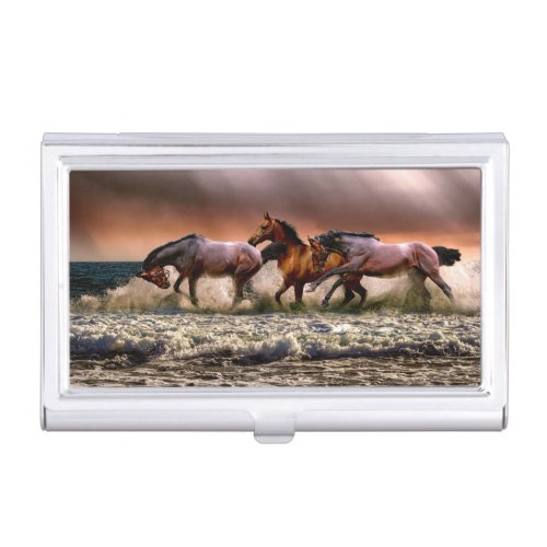 Horses Running in Ocean Surf at Sunset Business Card Case