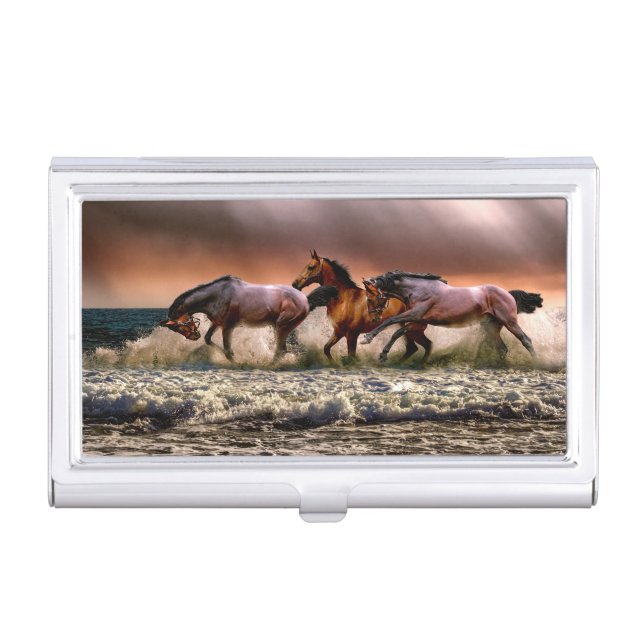 Horses Running in Ocean Surf at Sunset Business Card Case (Front)