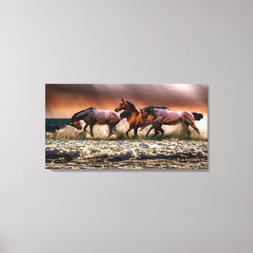 Horses Running in Ocean Surf at Sunset Canvas Print