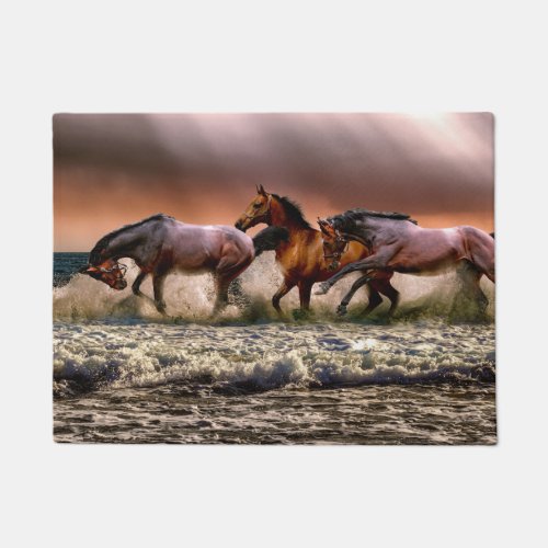Horses Running in Ocean Surf at Sunset Doormat