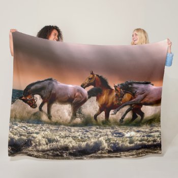 Horses Running In Ocean Surf At Sunset Fleece Blanket by minx267 at Zazzle