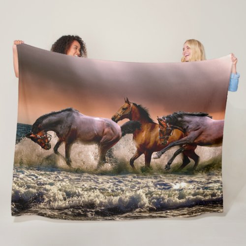 Horses Running in Ocean Surf at Sunset Fleece Blanket