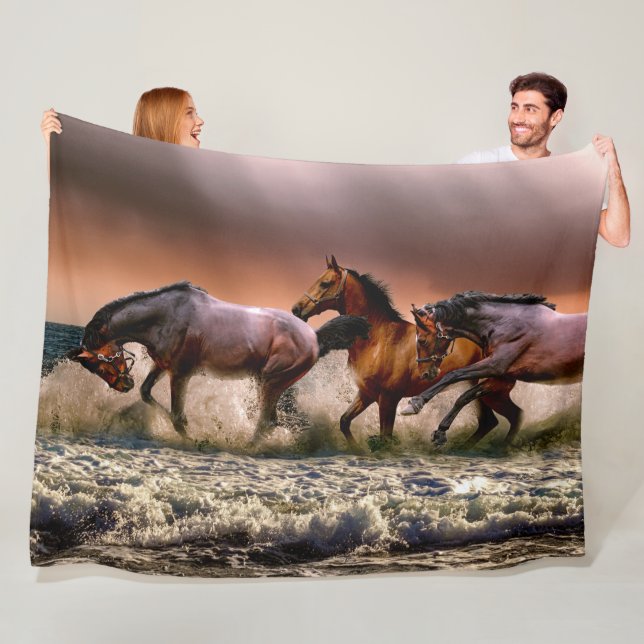 Horses Running in Ocean Surf at Sunset Fleece Blanket (In Situ)