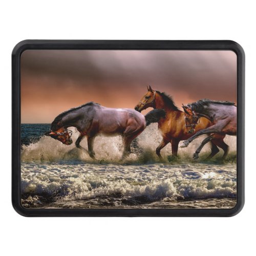 Horses Running in Ocean Surf at Sunset Hitch Cover